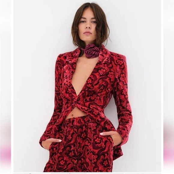 For Love and Lemons Penny Red Floral Velvet Blazer - Picture 2 of 9